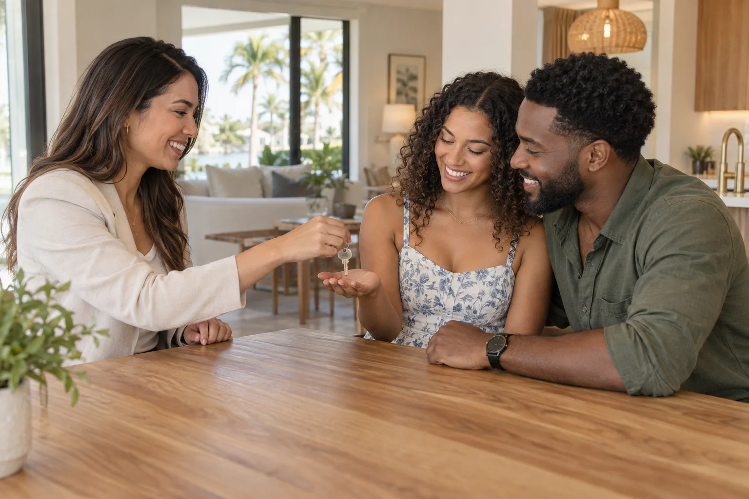 Illustrative sample of a real estate agent handing keys to happy home buyers.