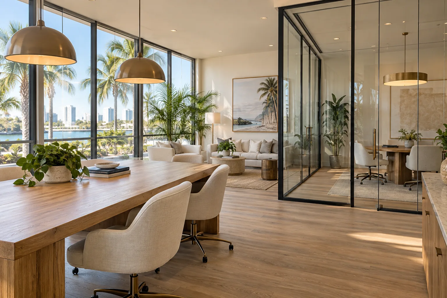 Illustrative sample of a bright brokerage office lounge and glass meeting room.